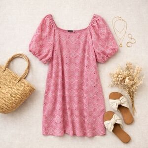 Talbots Pink Eyelet Midi S Sleeve Embroidered Summer Dress. Ladies Size 14